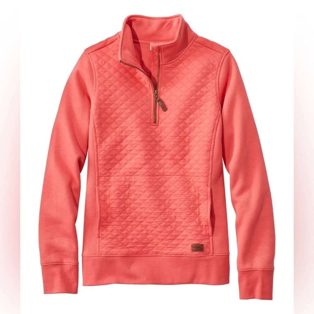 LL Bean Quilted Quarter Zip Pullover Women's S Coral Long Sleeve Sweatshirt